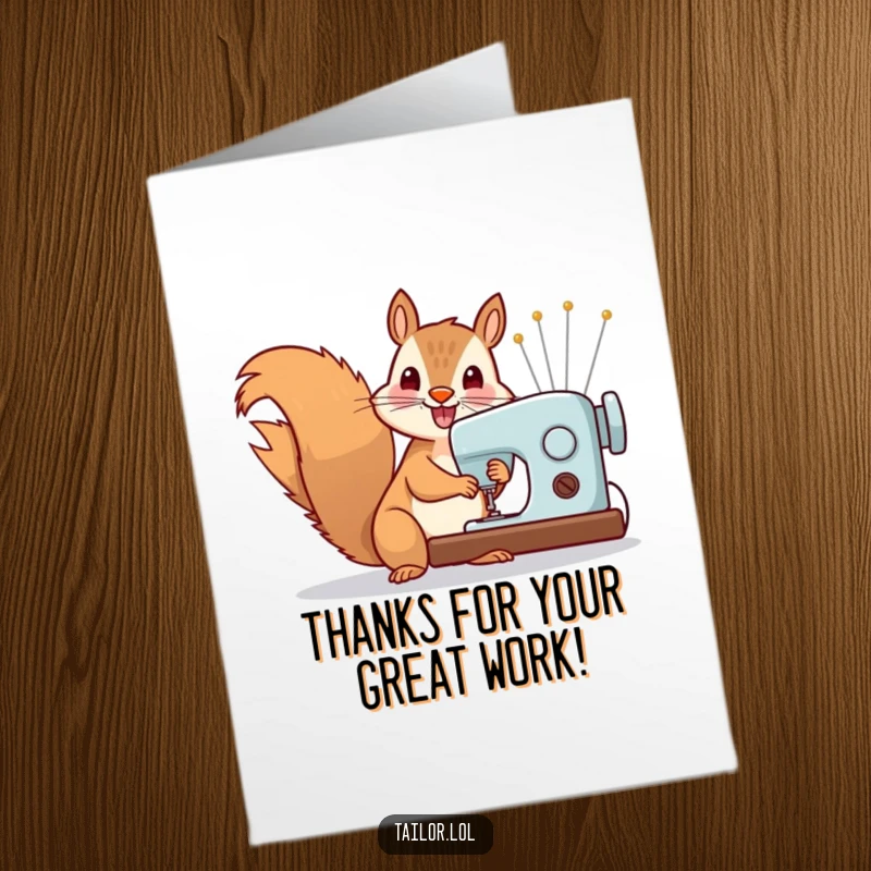 Funny free printable thank you card: A busy squirrel operating a sewing machine with oversized needles, expressing gratitude.
