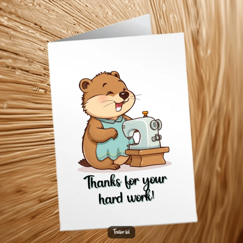 Funny Free Printable Thank You Card featuring a busy beaver tailor sewing with gusto, expressing sincere thanks.