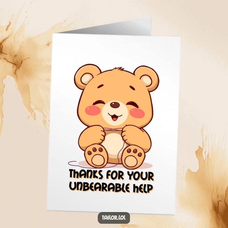 Funny free printable thank you card: a happy bear with enormous paws tries to thread a very small needle.