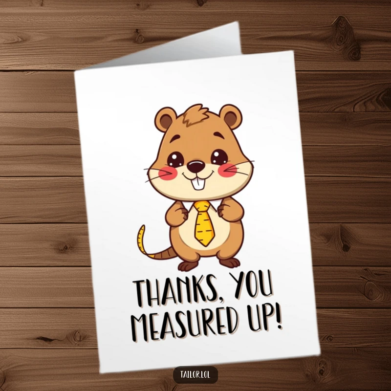 Funny free printable Kawaii beaver tailor smiling, adjusting his measuring tape tie after completing a job.