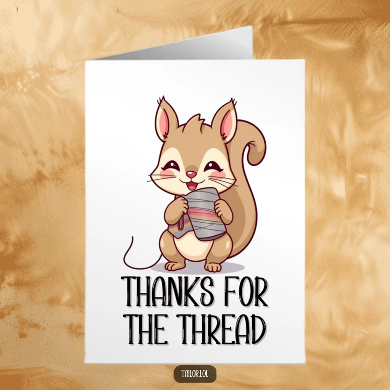 Funny Free Printable Thank You Card: Mischievous Kawaii squirrel tailor character makes a getaway with a spool of thread, thanking them playfully.