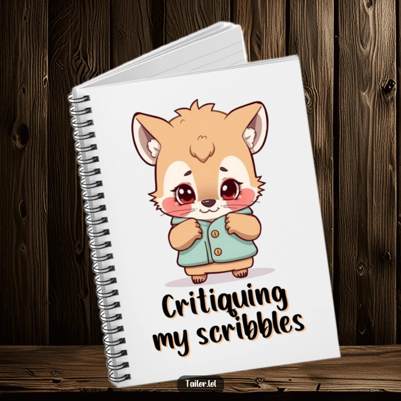 Funny notebook featuring a curious animal character examining a garment with a critical eye, ideal for jotting down fashion insights.