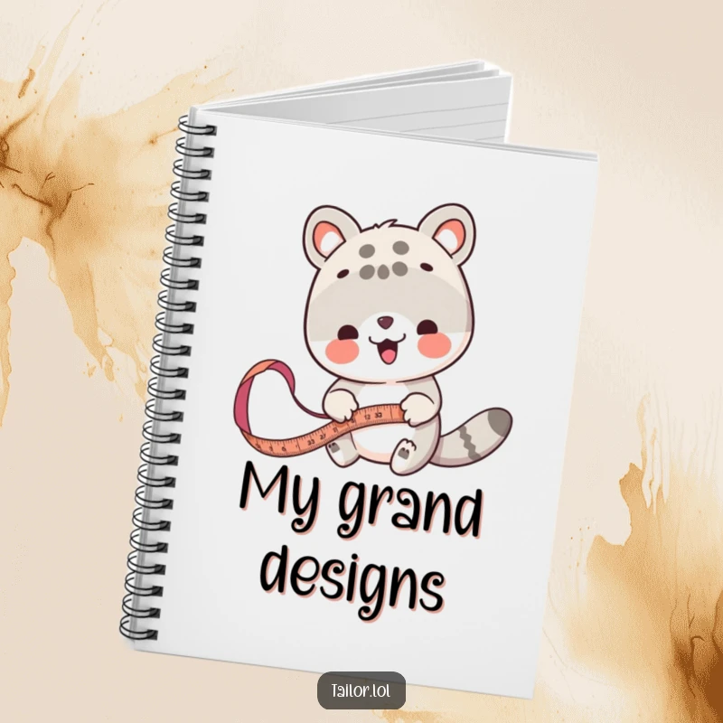 Funny animal measurer notebook, a cute animal using a tape measure on fabric, perfect for notes.