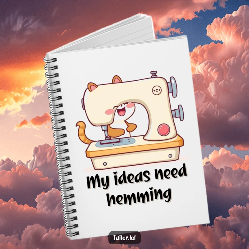 Funny notebook cover with an animal joyfully operating a comically large sewing machine, for jotting down sewing plans.