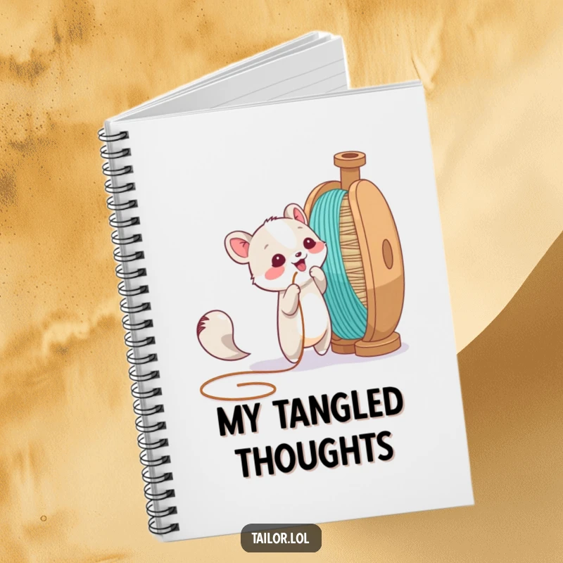 Funny notebook with an animal character playfully pulling a thread from a giant spool, ideal for notes and creative writing.