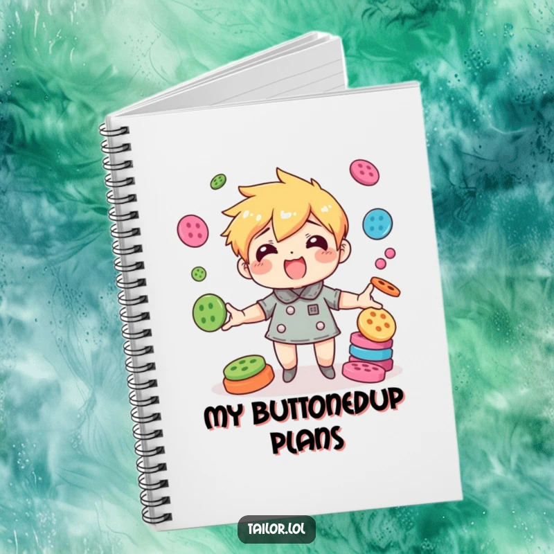 Funny character juggling colorful buttons with surprising agility, a humorous and organized notebook.