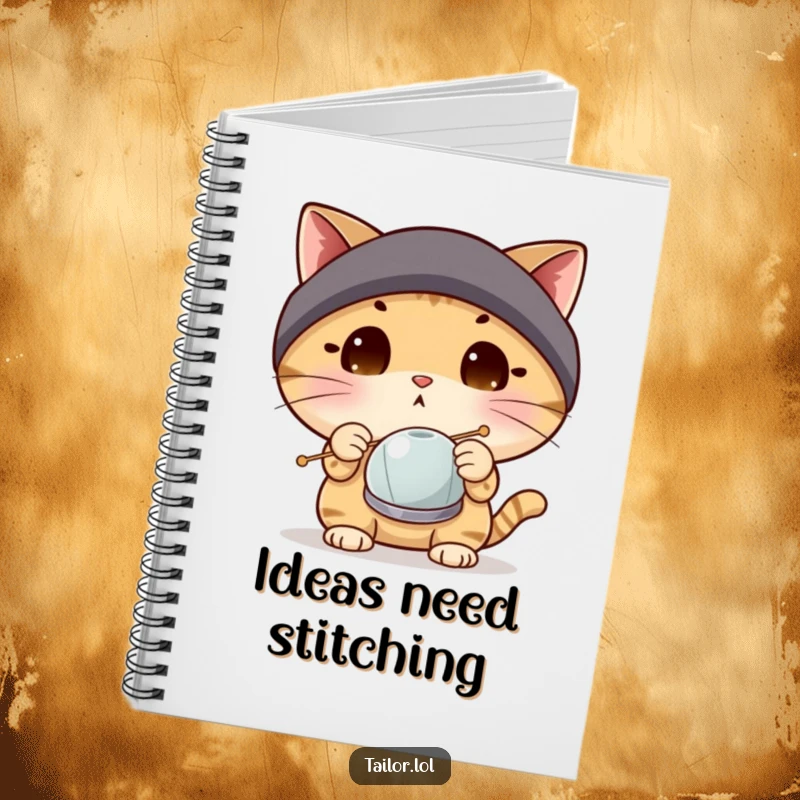Funny surprised cat character wearing a thimble, inspecting a large sewing needle, on a notebook cover for jotting ideas.