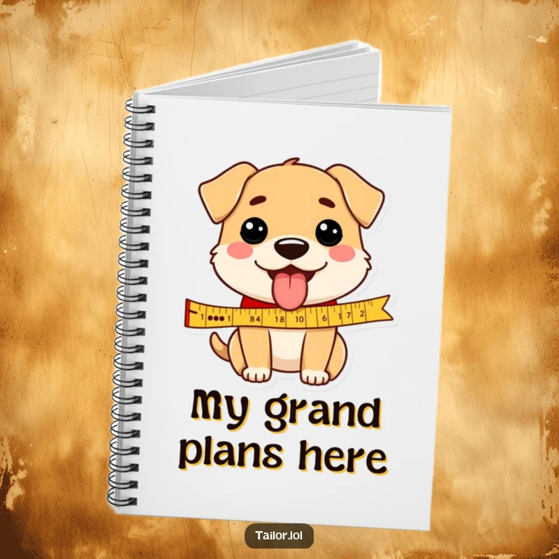 Funny dog notebook cover art of a happy dog tongue out, measuring a ribbon, ideal for humorous note-taking.