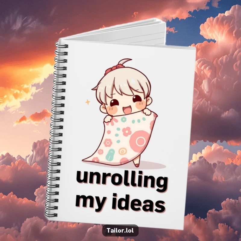 Funny notebook cover showing an excited character unrolling a patterned bolt of cloth, ideal for sketching designs and notes.