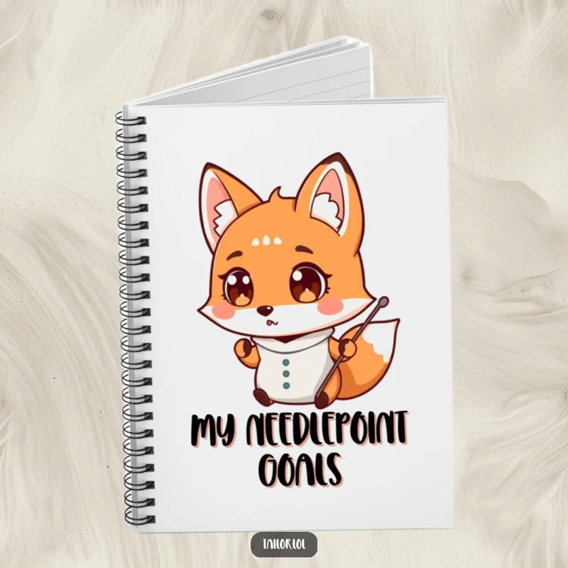 Funny surprised fox tailor dropping a needle, wide-eyed, lined notebook, sewing journal, perfect funny gift.