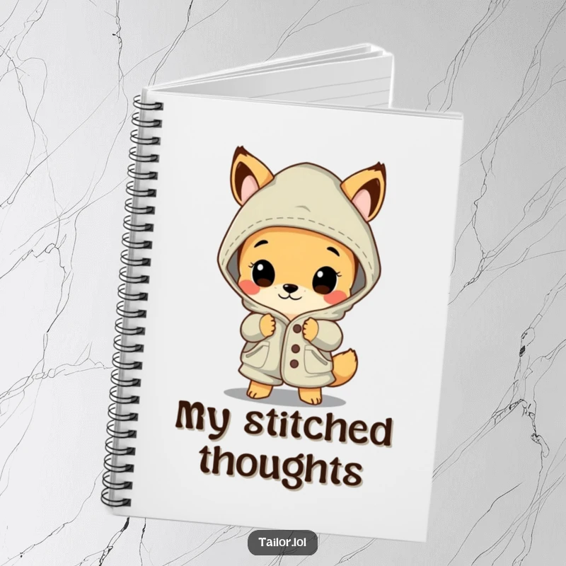Funny animal notebook, a curious creature admiring a beautifully stitched, oversized garment, inspiring creativity and design.
