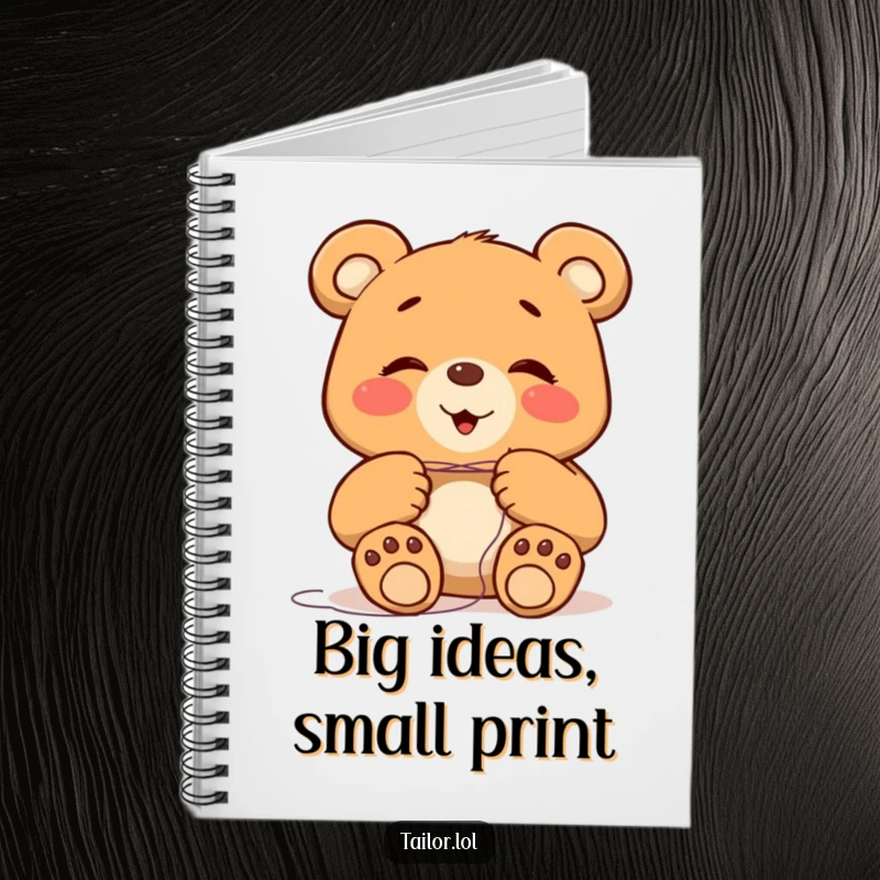 Funny giggling bear character with large paws attempting to thread a tiny needle, on a notebook cover for jotting ideas.