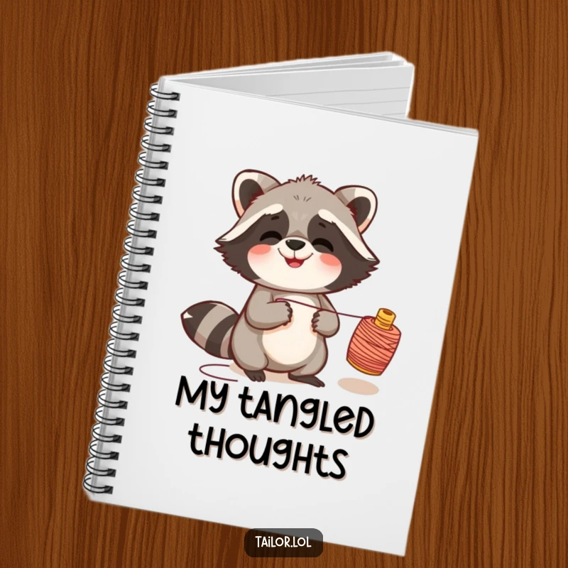 Funny giggling raccoon notebook cover art of a raccoon pulling a thread spool, for humorous note-taking and planning.