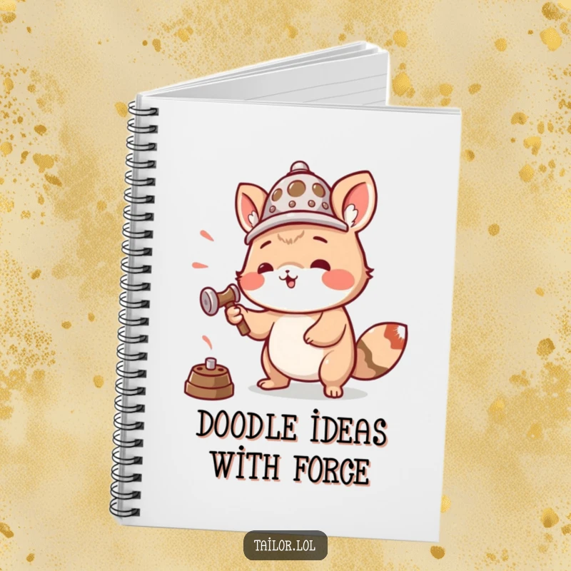Funny notebook cover with an animal wearing a thimble as a hat, enthusiastically hammering, perfect for jotting down ideas.