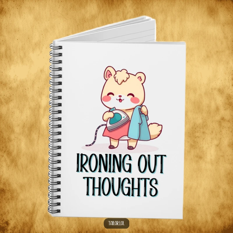 Funny notebook featuring a cheerful animal character ironing clothes with a tiny, steaming iron, ideal for neat note-taking.