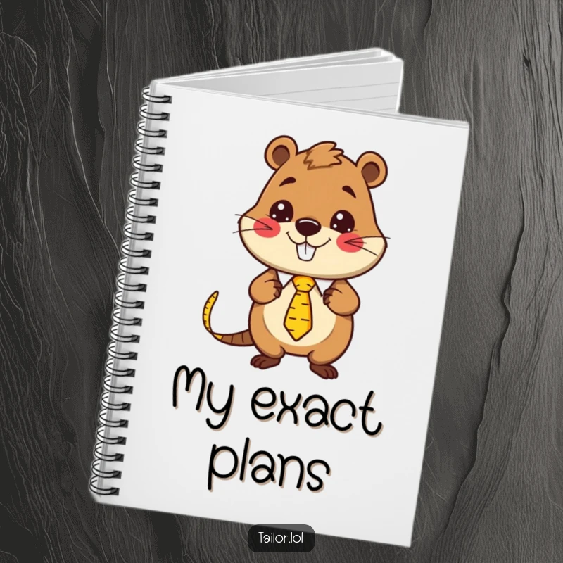 Funny Kawaii beaver tailor character wearing a measuring tape as a necktie, a humorous notebook for creative tailoring ideas.