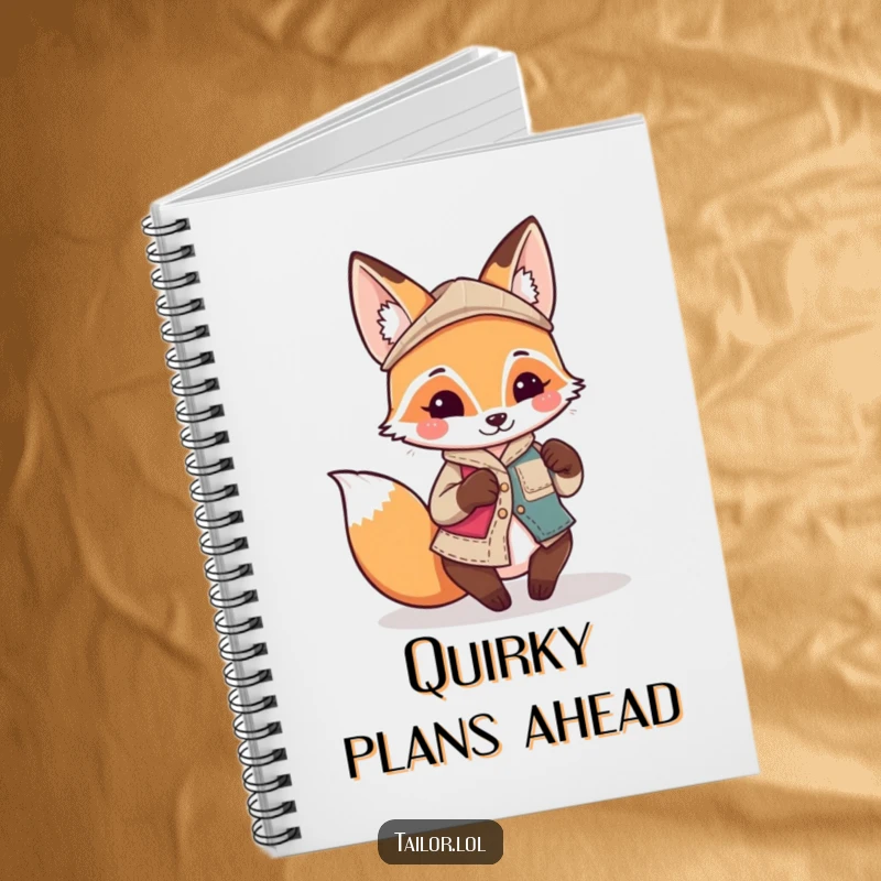 Funny Kawaii fox tailor character sewing a quirky, mismatched patch on a notebook cover, cute and funny gift.