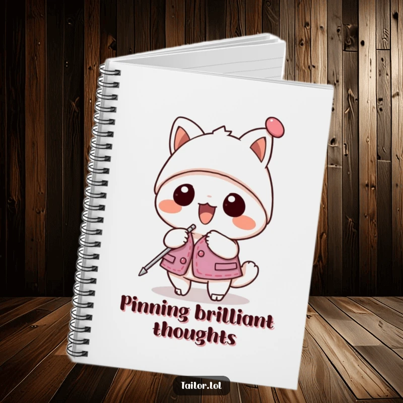 Funny notebook depicting a kawaii animal character enthusiastically pinning a garment with a giant hatpin; great for notes.