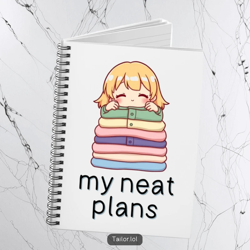 Funny notebook cover showing a proud character adjusting a pile of folded garments, ideal for planning organizing tasks.