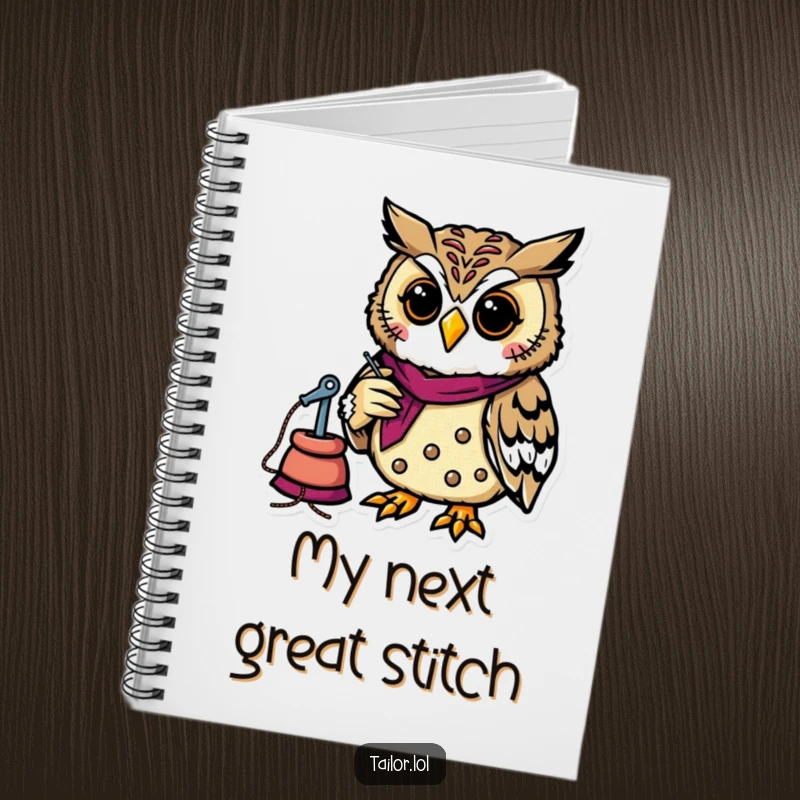 Funny owl tailor intently sewing on a notebook cover, perfect for planning sewing projects and as a humorous gift.