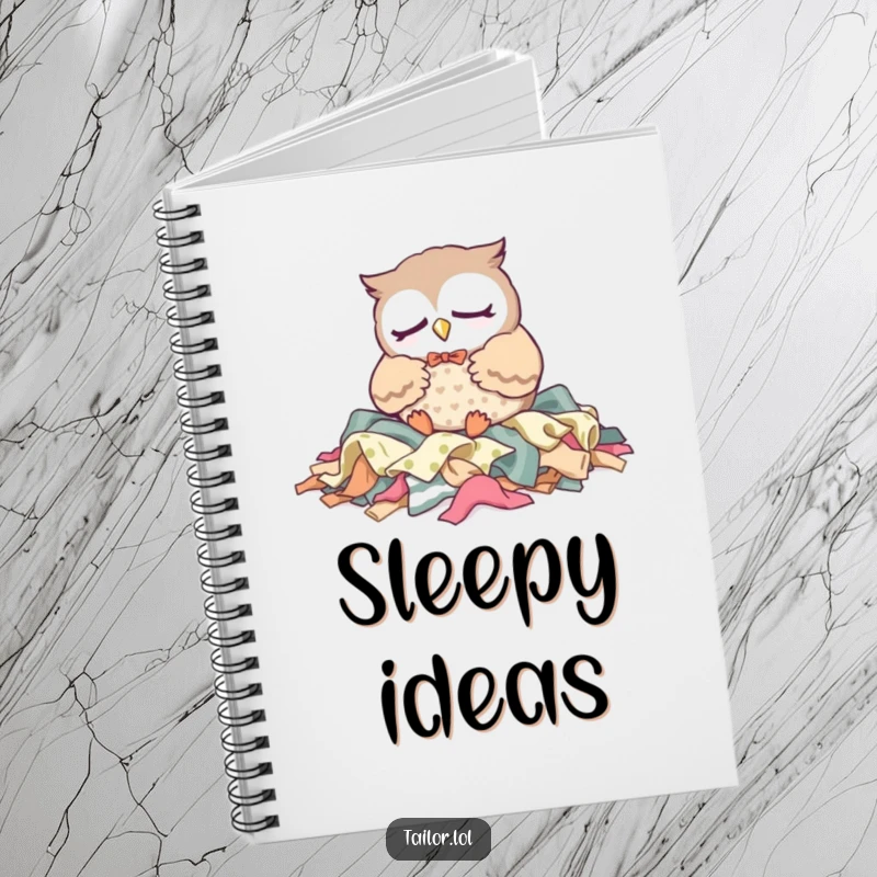Funny Notebook: A sleepy Kawaii owl tailor character dozes on fabric scraps, ideal for jotting down peaceful ideas and plans.