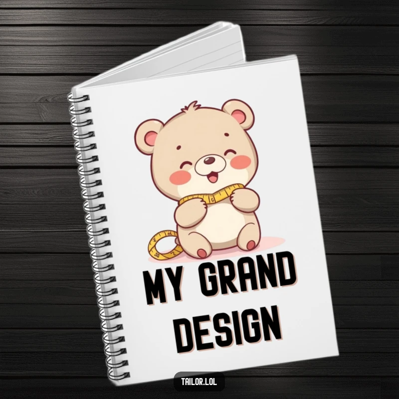 Funny notebook with a giggling bear character measuring fabric, ideal for notes and creative ideas.