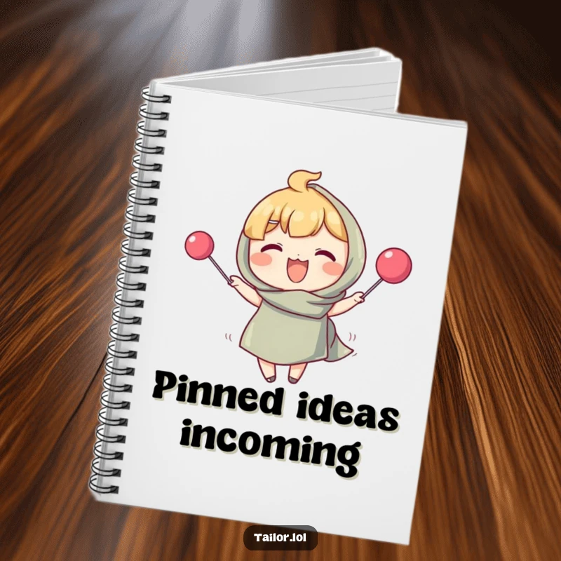 Funny notebook with a character pinning fabric with a giant pin, perfect for jotting down quilting plans. A humorous and practical gift.