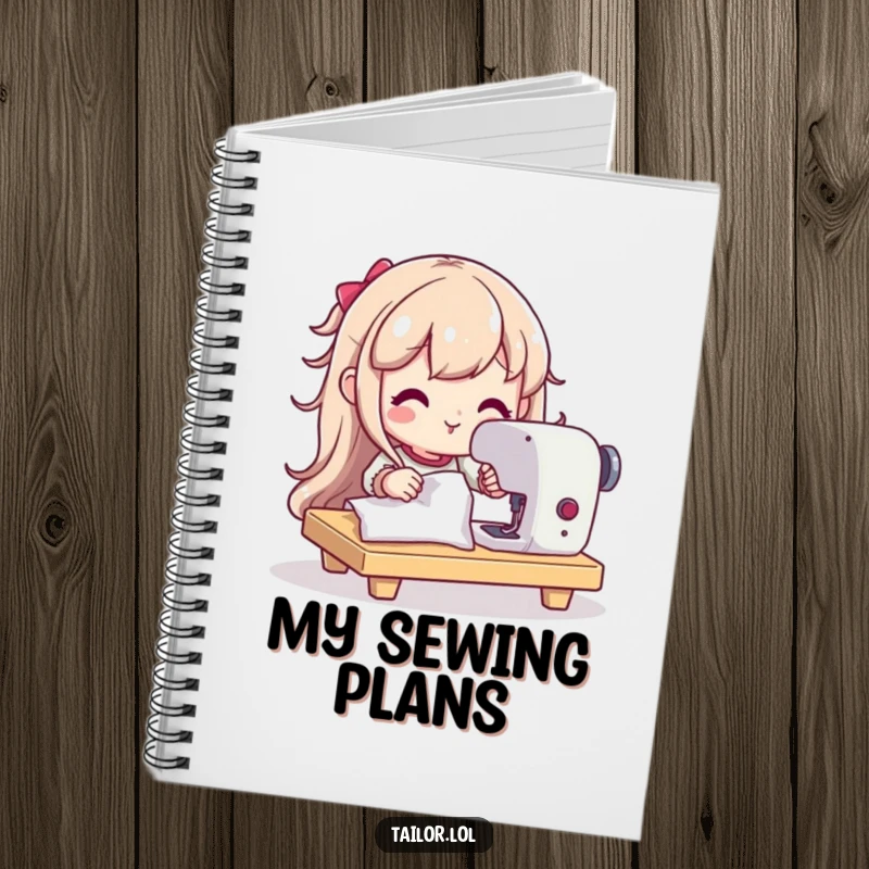 Funny notebook cover showing a determined character using a sewing machine, ideal for sketching designs and planning projects.