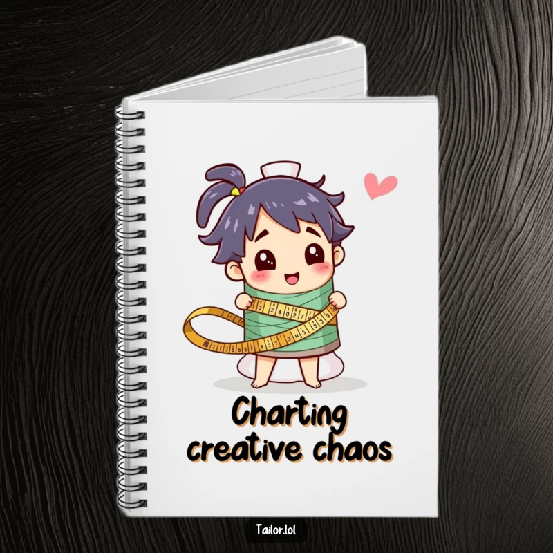 Funny notebook with a character measuring a giant thread spool, perfect for jotting down sewing plans. A humorous and practical gift.
