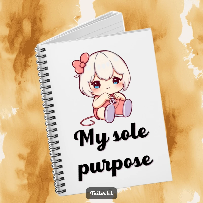 Funny notebook featuring a character winking while sewing a button onto a tiny shoe, perfect for jotting down crafting notes.