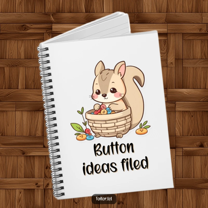 Funny playful squirrel character collecting buttons in a basket, a cute and inspiring notebook cover.