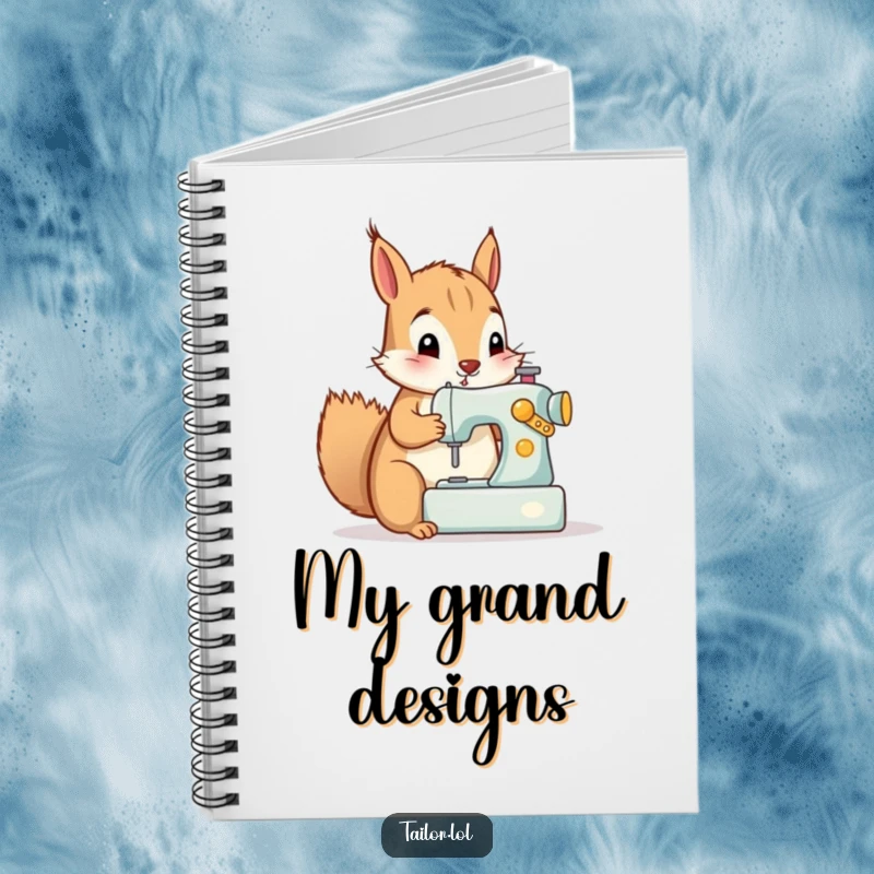 Funny notebook with a curious squirrel operating a tiny sewing machine, perfect for planning creative projects.