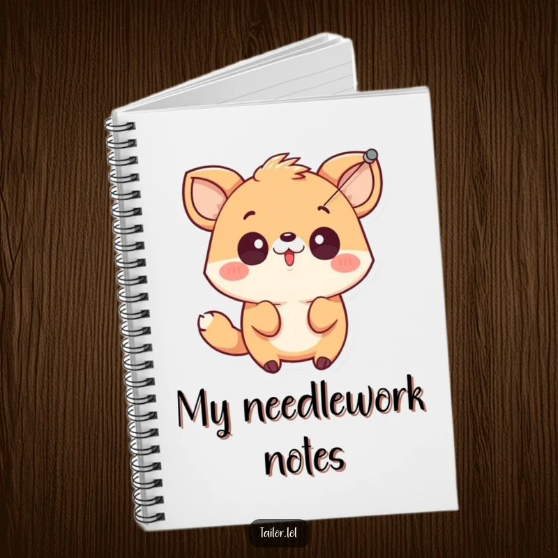 Funny cute animal character looking surprised by a needle and thread, featured on a notebook cover for humorous note-taking.