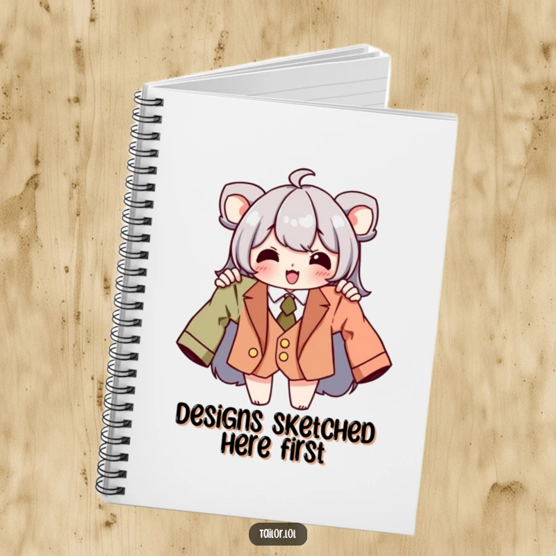 Funny tailor notebook featuring a character holding a perfectly tailored garment, perfect for capturing creative ideas.