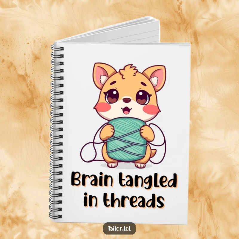 Funny Tangled Animal Notebook, a surprised creature comically wrapped in thread, perfect for notes and ideas.