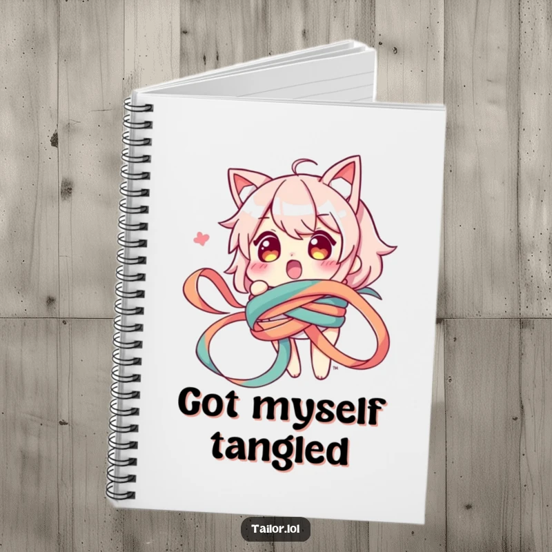 Funny notebook featuring a surprised character comically entangled in a long ribbon, perfect for jotting down humorous notes.