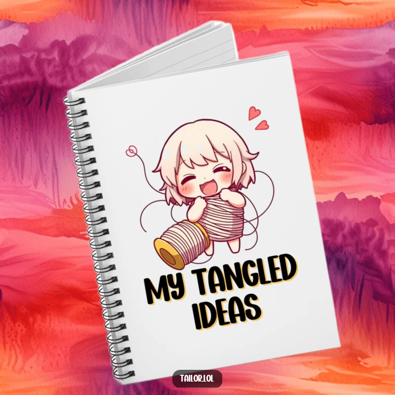 Funny character hilariously tangled in a long spool of thread, giggling, a whimsical notebook.