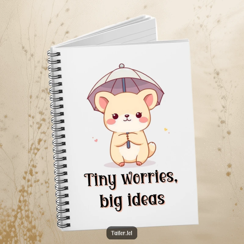 Funny notebook with a cute animal character using a thimble as a tiny umbrella, perfect for jotting down funny thoughts and ideas.