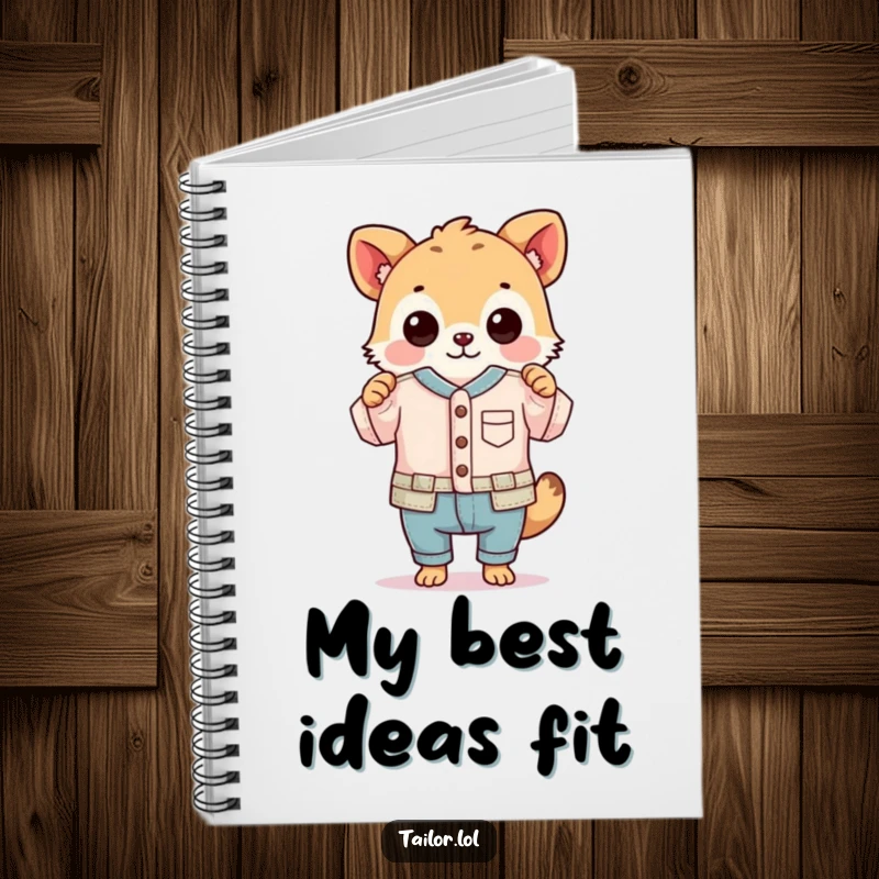 Funny notebook cover with an animal proudly holding a ridiculously small, perfectly sewn garment, for documenting tiny creations.