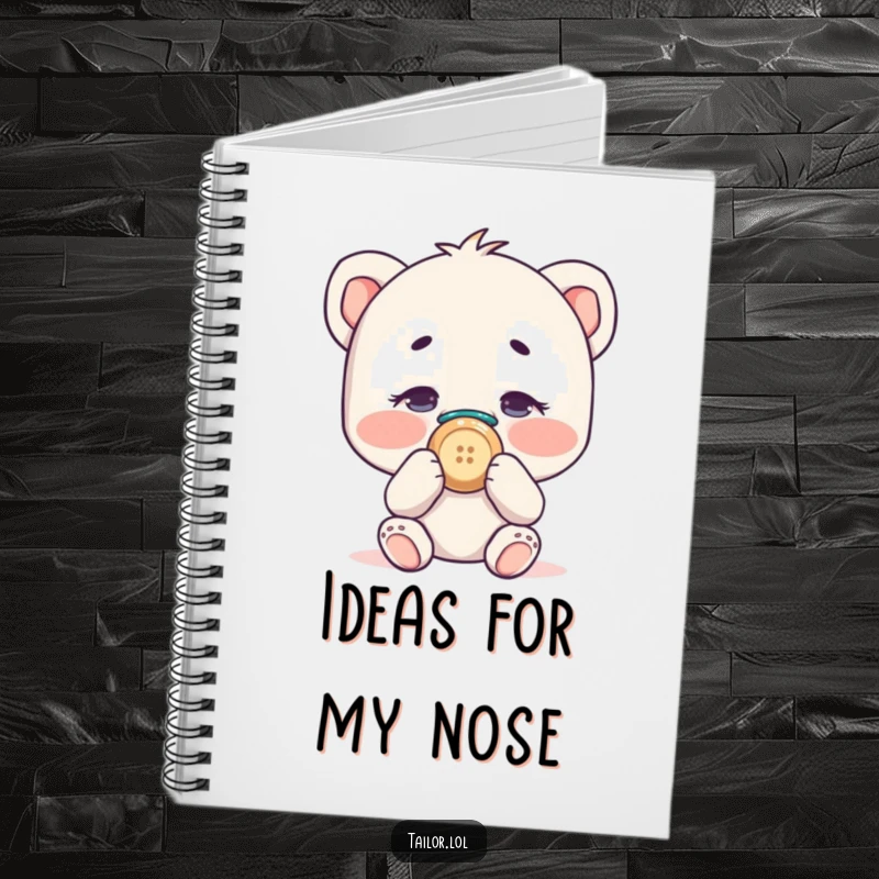 Funny character hilariously sewing a button onto their own nose, a whimsical notebook.