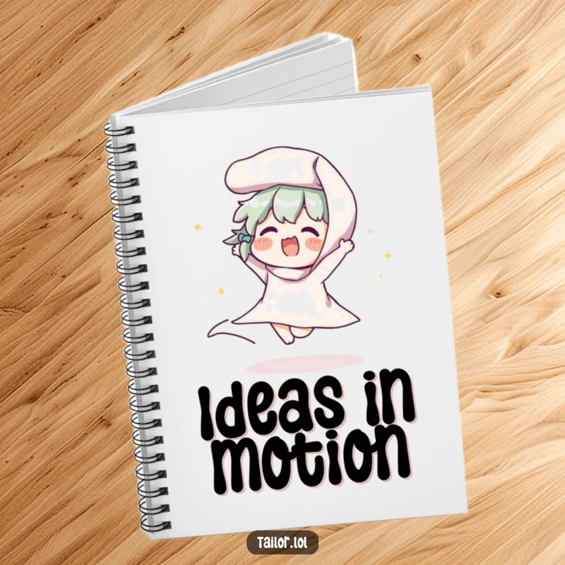 Funny notebook featuring a character joyfully bouncing a roll of fabric, perfect for jotting down notes about sewing and crafts.