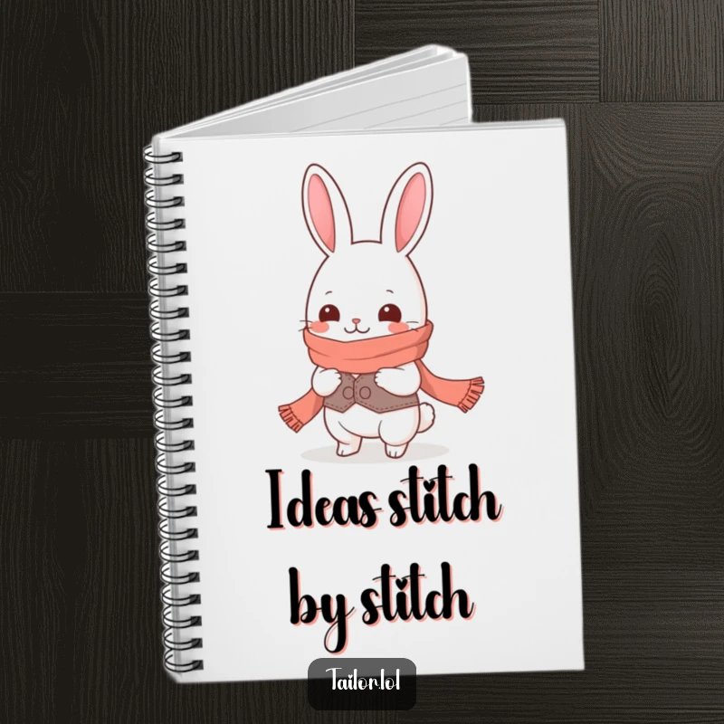 Funny giggling Kawaii rabbit tailor character measuring a ridiculously long scarf on a notebook cover, cute and funny gift.