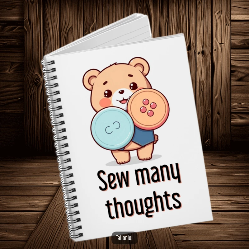 Funny notebook cover featuring a happy Kawaii bear tailor proudly holding a large, colorful button, ideal for jotting down sewing ideas.