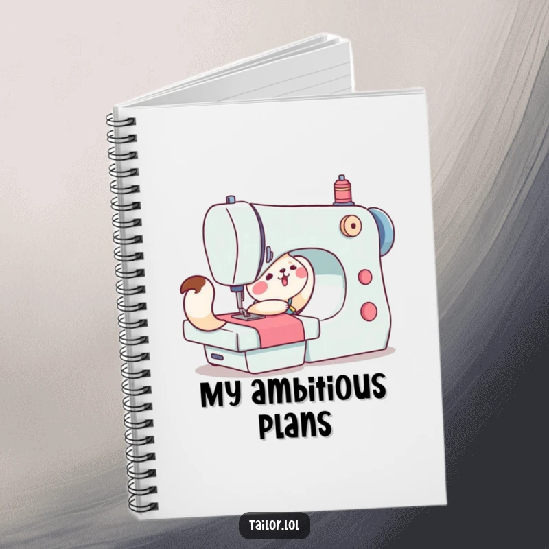 Funny notebook cover featuring a cute animal character struggling to push a large sewing machine, inspiring notes on creative endeavors.