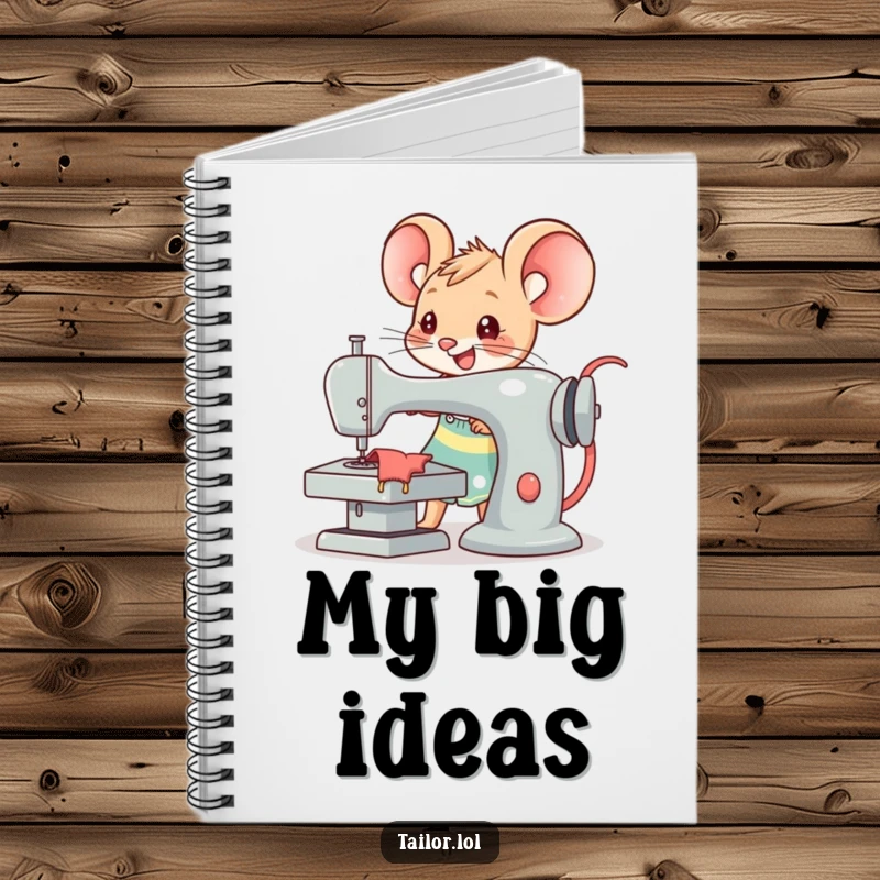 Funny Kawaii mouse tailor character joyfully operating an oversized sewing machine, a humorous notebook for creative sewing ideas.