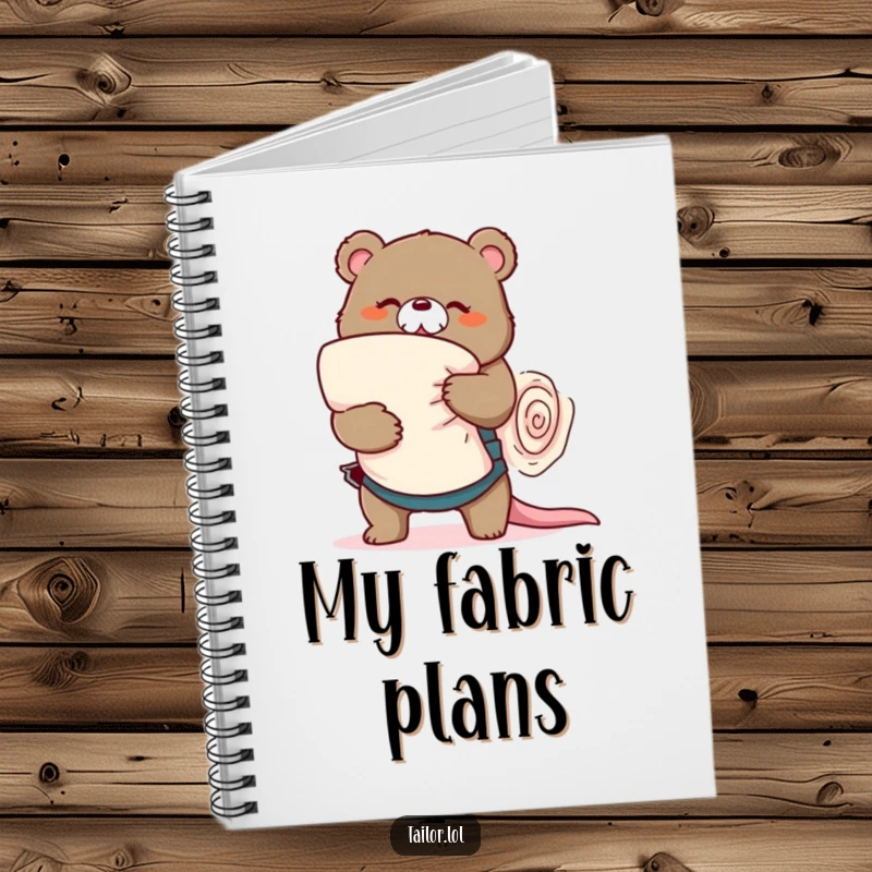 Funny playful bear tailor wrestling a large roll of fabric, lined notebook, sewing journal, perfect funny gift.