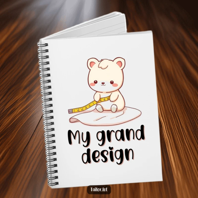 Funny fabric measuring animal notebook with a cute character measuring a long bolt of fabric, perfect for design notes.