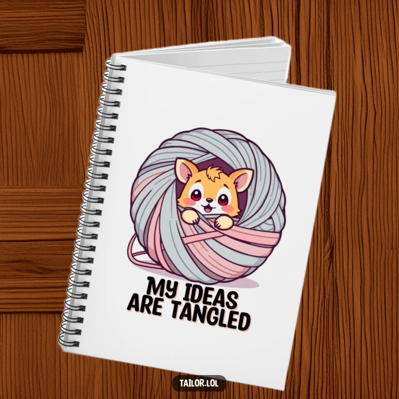 Funny animal notebook, a surprised creature adorably tangled in a giant ball of yarn, ready to inspire your notes.