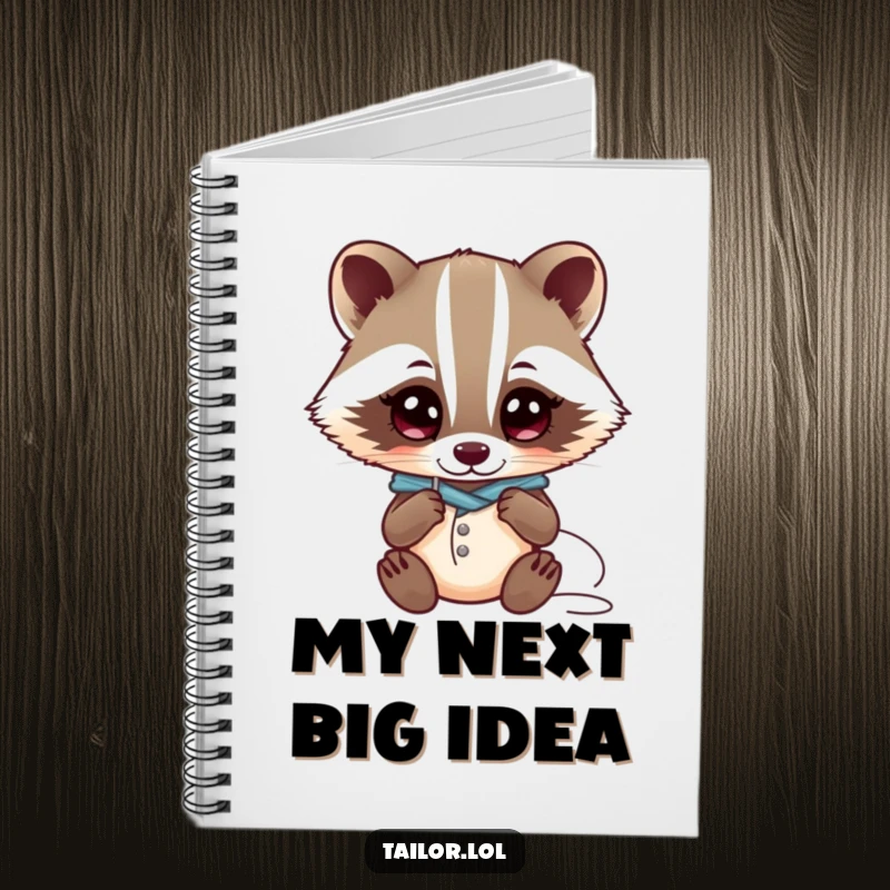 Funny Kawaii badger tailor character examining a needle and thread with wide eyes on a notebook cover, cute and funny gift.