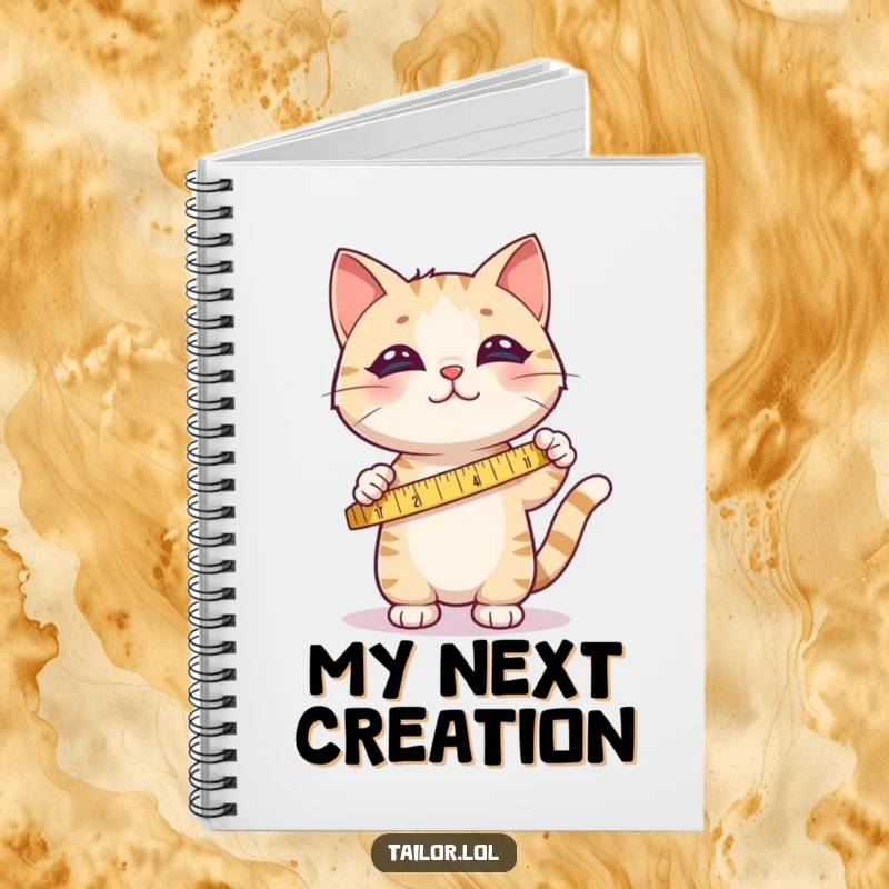 Funny notebook featuring a cute cat happily measuring fabric with a tape measure, ideal for jotting notes.